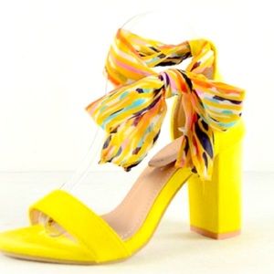 Liliana Yellow Chunky Heels with Scarf Tie